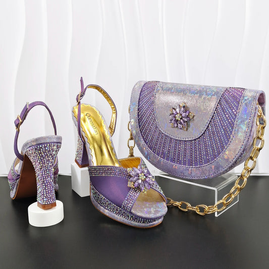 INS New Arrival Colorful Crystral Decoration Design Elegant Mature Party Wedding Peep Toe Ladies High Heels and Bag Set