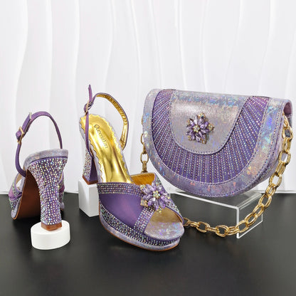 INS New Arrival Colorful Crystral Decoration Design Elegant Mature Party Wedding Peep Toe Ladies High Heels and Bag Set