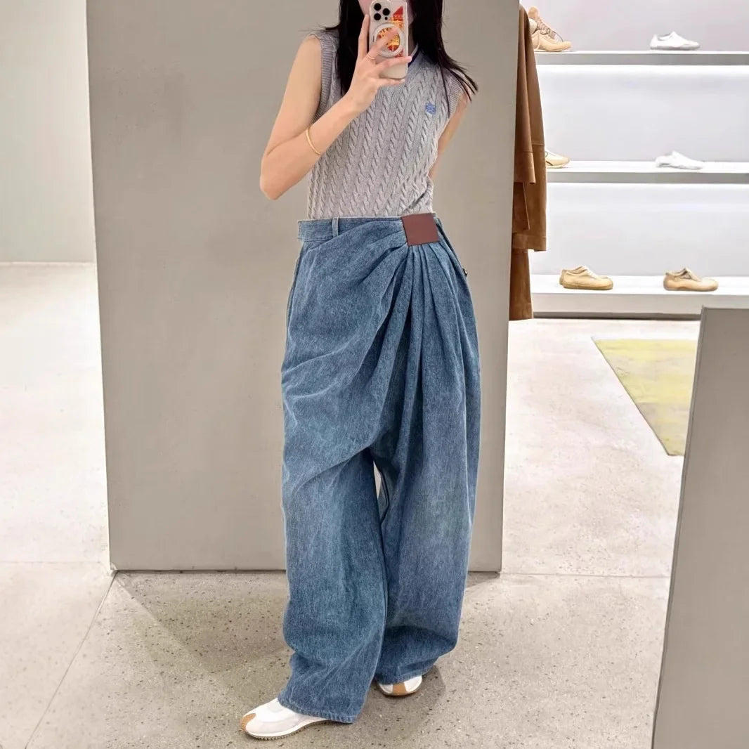 Wide Leg Denim Jeans Women Fashionable Drapey Floor-Length Pants