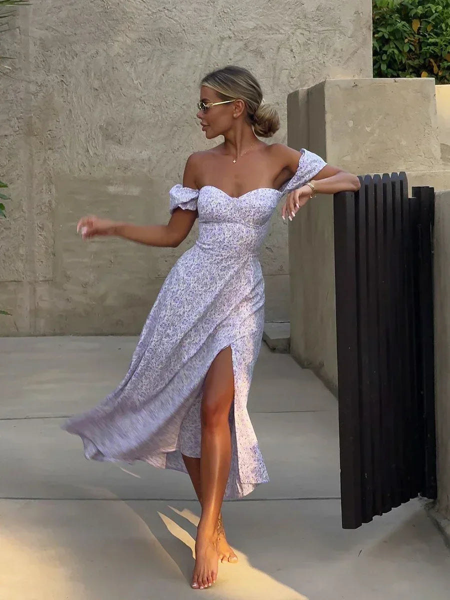 Women's Off Shoulder Floral Dress Summer New Fashionable Slit Long Slim Fit Print Dress Sexy Hot Girl Evening Dresses