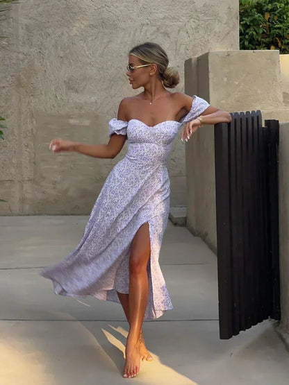 Women's Off Shoulder Floral Dress Summer New Fashionable Slit Long Slim Fit Print Dress Sexy Hot Girl Evening Dresses