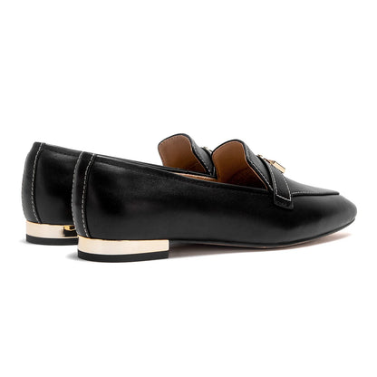Women's Leather Loafers with Gold Lock Detail Square Toe Low Heel Penny Casual Office Slip-On Dress Shoes for Woman