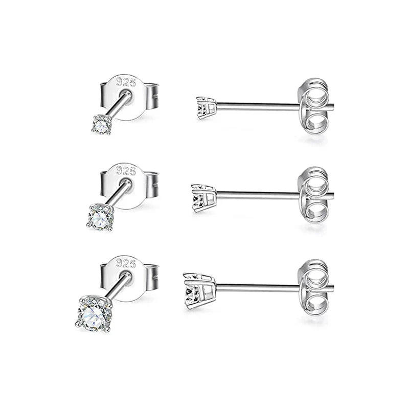 3pcs/set Bling Zircon Earring 925 Sterling Silver Cute Mini Heart Star Stud Earrings Ear Bone Earlobe Piercing Jewerly