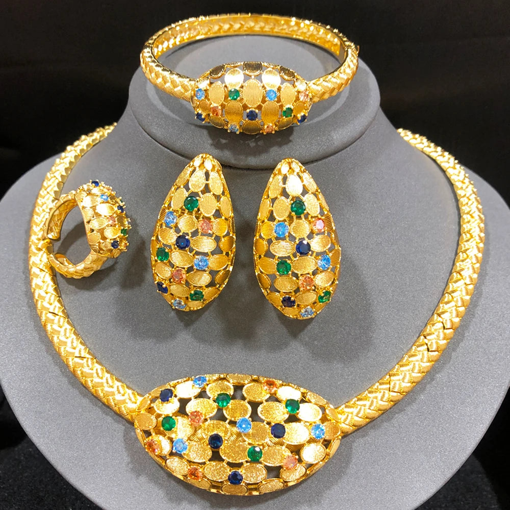 Luxury FLower Floral 4PCS DUBAI Jewelry Sets For Women Wedding Cubic Zircon Crystal CZ Indian African Bridal Jewelry Sets