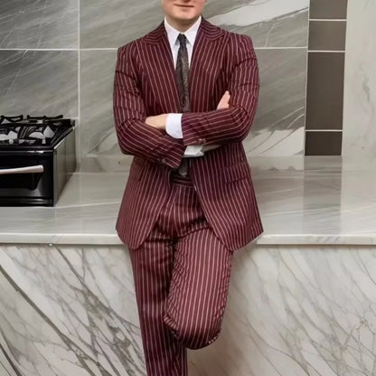 Formal Burgundy Stripes Business Stylish Casual Single Breasted Dress Suit 3 Piece Wedding Suit For Men Office Work Party Prom