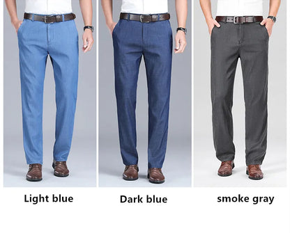 2024 New Men's Summer Thin Jeans Loose Stretch Large Size Ice Silk Straight Pants Elite Business Casual Pants Smoke Gray Blue