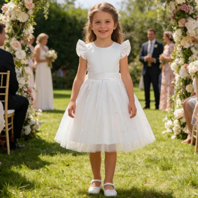 Girls White Wedding Pearls Elegant Pageant Princess Dress For Girls Backless Big Bow Wedding Bridesmaid Birthday Party Ball Gown