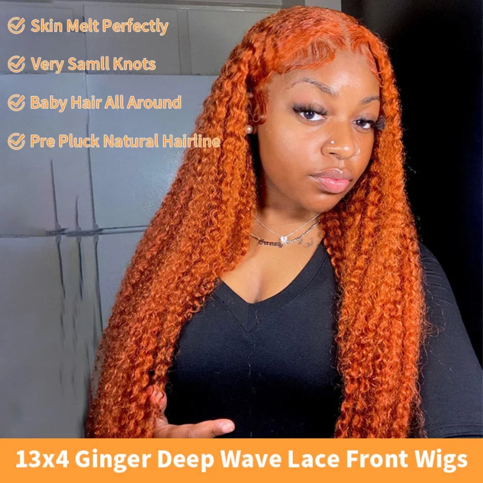 30Inch Orange Ginger Water Wave Lace Front Wigs 13x4 13x6 #350 Colored Wigs Brazilian Human Hair Deep Wave Curly Wigs 260Density