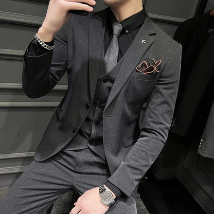 ( Blazer + Vest + Pants ) Boutique Fashion Solid Color Men's Slim Casual Business Suit Three-piece Set Groom Wedding Dress Party
