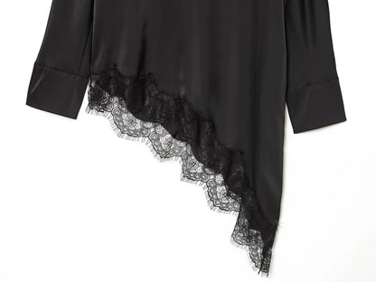Women's Lace Blouse Asymmetric Long Black Blouse Woman Spring Elegant Plus Size Top Sweatshirt Long Sleeve Blouse Women