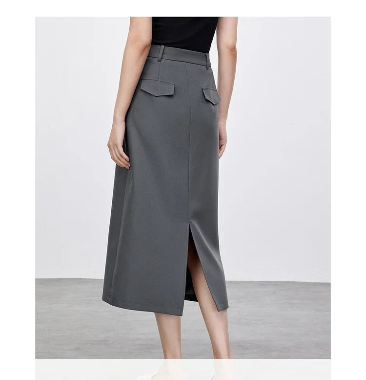Retro Straight Tube Midi Skirt For Women Spring 2026 Preppy Style High Waist Slimming Split Mid Length Skirt 151Q59211