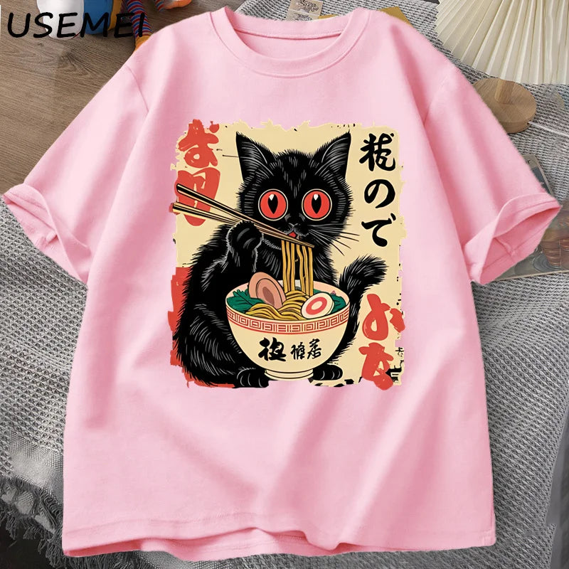 Vintage Japanese Black Cat Ramen T Shirts Cute Graphic Tee Funny Cat Eating Ramen T-Shirt Printing Cotton Short Sleeve Vintage