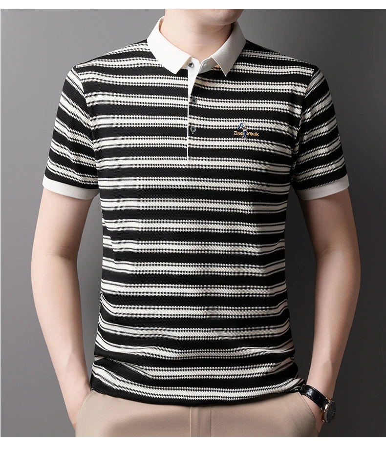 Classic striped men polo shirt summer cool breathable short sleeve fashion brand letter embroidery luxuriou casual lapel T-shirt