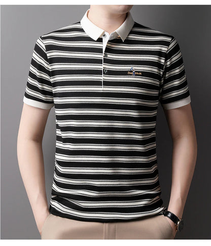 Classic striped men polo shirt summer cool breathable short sleeve fashion brand letter embroidery luxuriou casual lapel T-shirt