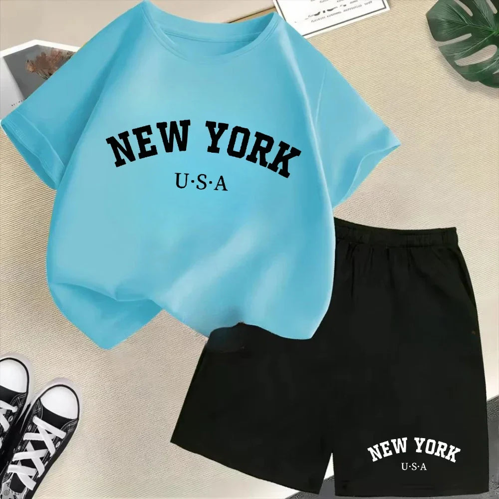 New York letter pattern boy and girl T-shirt+shorts 2-piece set