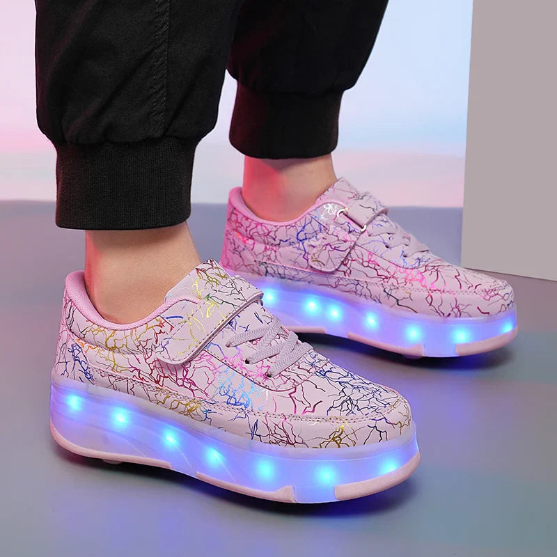 4 Wheel Dual-Use Roller Skates with Detachable Wheels ,Sneakers with LED Boys Girls Shoes with Wheels,Speed Skate Sizes 29-42