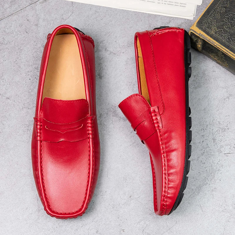 Red Loafers Genuine Leather Slip On Casual Shoes Men Natural Leather Spring Summer Italian Luxury Brand Designer