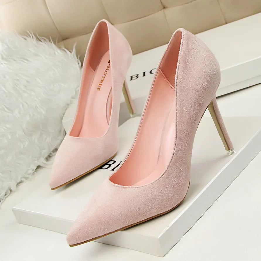 Women 9cm High Heels Yellow Burgundy Pumps Plus Size Stripper Suede Escarpins Lady Wedding Bridal Scarpins Green Blue Prom Shoes