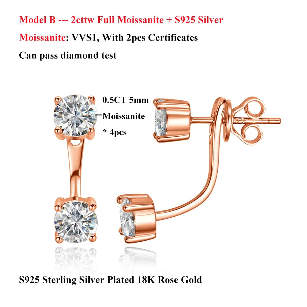 2 in 1 Full 5mm D Color Moissanite Stud Earrings for Women S925 Silver 2cttw All Diamond Earring Pierced Ear Fine Jewelry