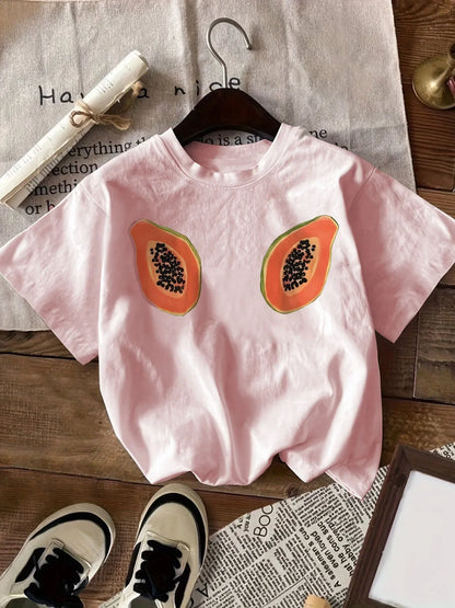 Summer American Retro Ins Papaya Print Round Neck Short Sleeve T-shirt New Style 2025 Suitable for Women Daily Clothing Tops