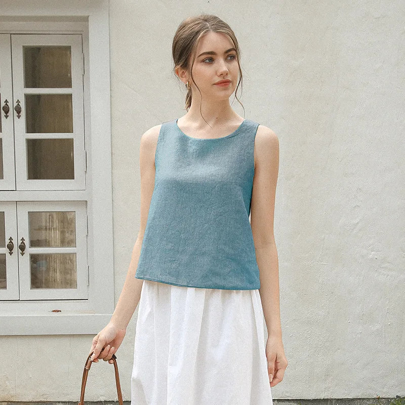 100% Linen Top Women Casual Solid Back Cross Patchwork Tank Top Summer Tops Haut Femme Women'S Clothing Offer Free Shipping