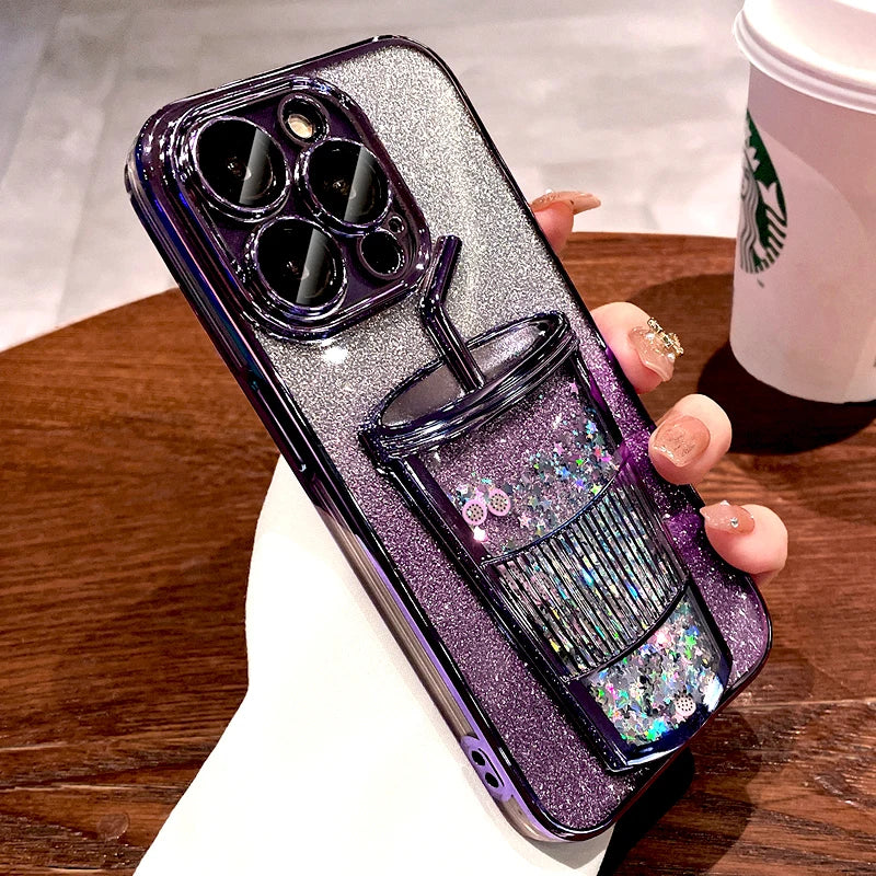 Bling Case For iPhone 16 15 14 13 12 Pro Max 15Pro 14Pro Lovely Clear Transparent Straw Cup Cover Insert Glitter Paper