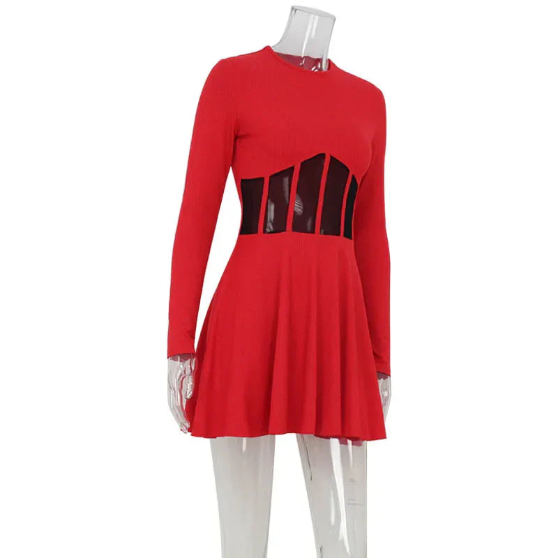 Fashion Solid Women's Mini Dresses A-Line Knitted Sheer Slim Fit Long Sleeves Bodycon O-Neck Party Streetwear Vestidos