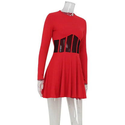 Fashion Solid Women's Mini Dresses A-Line Knitted Sheer Slim Fit Long Sleeves Bodycon O-Neck Party Streetwear Vestidos