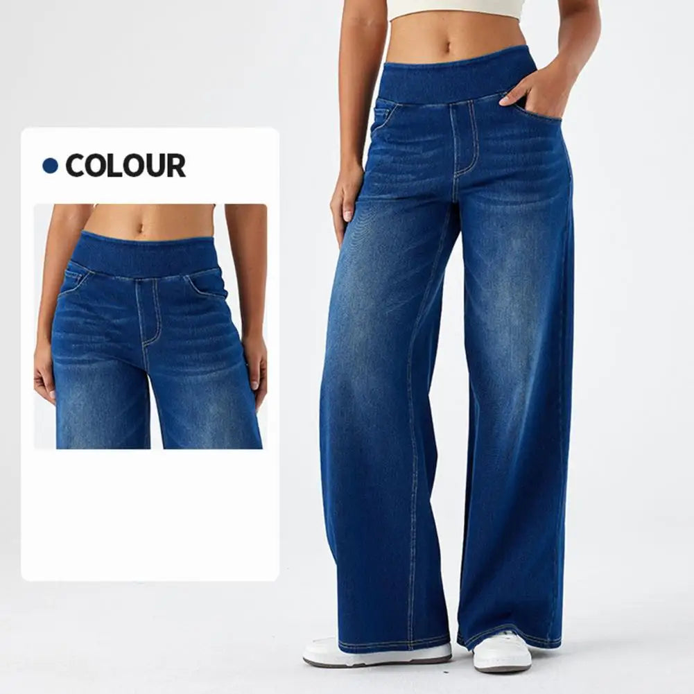Wide Leg Jeans Solid Color Elastic High Waist Lady Pants