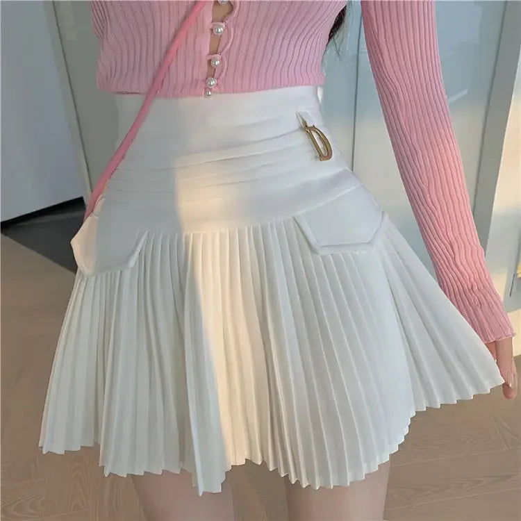 Fashions White Pleated Skirt Women High Waist Skater Skirt Female Korean A-Line High Fashion Casual Short Skirt Women Bottoms