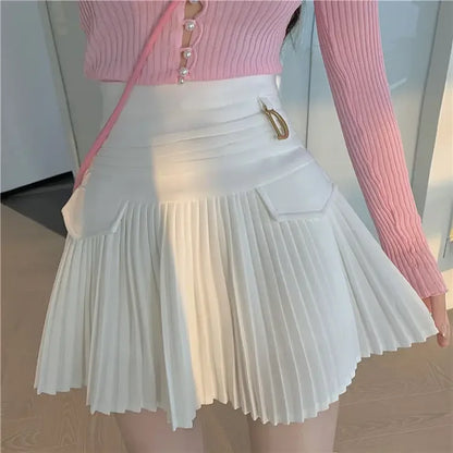 Fashions White Pleated Skirt Women High Waist Skater Skirt Female Korean A-Line High Fashion Casual Short Skirt Women Bottoms