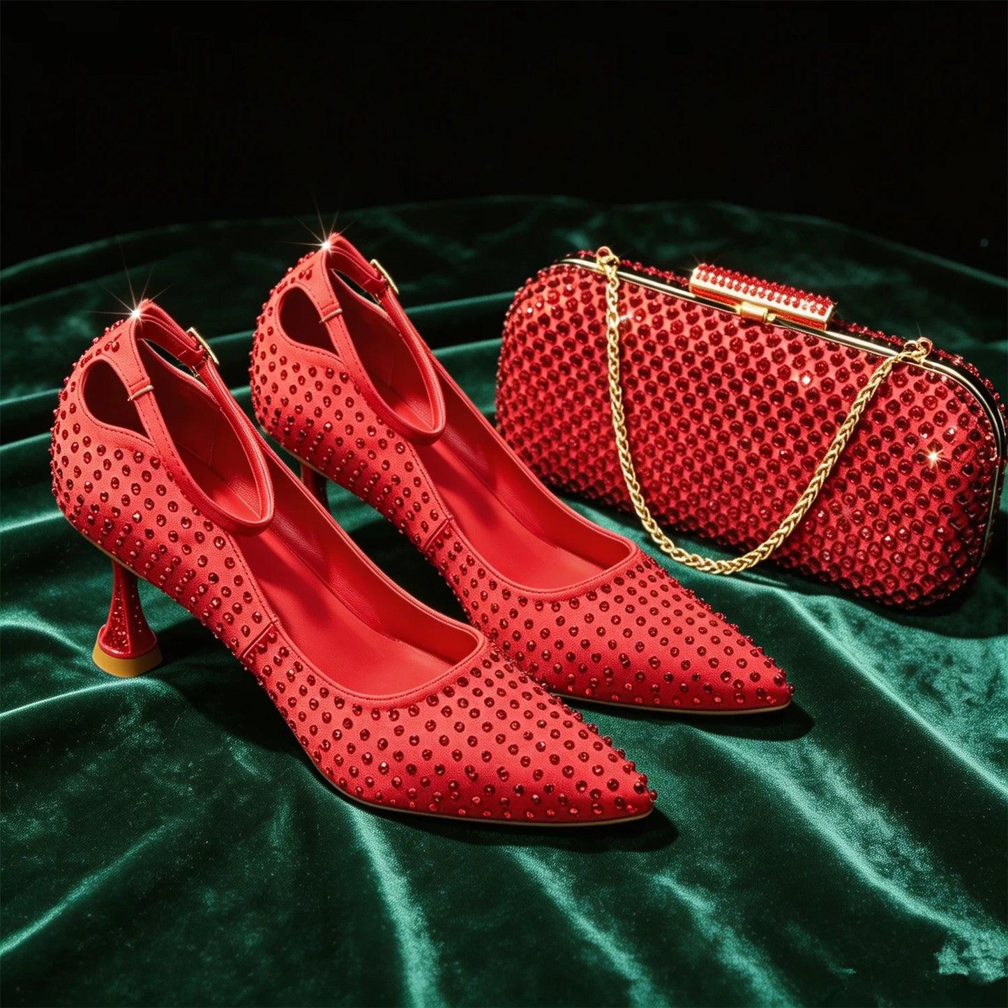 Elegant Fuchsia Women's Heels & Handbag Set – Stunning Rhinestone-Embellished Shoes for Weddings and Special Events