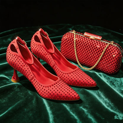 Elegant Fuchsia Women's Heels & Handbag Set – Stunning Rhinestone-Embellished Shoes for Weddings and Special Events