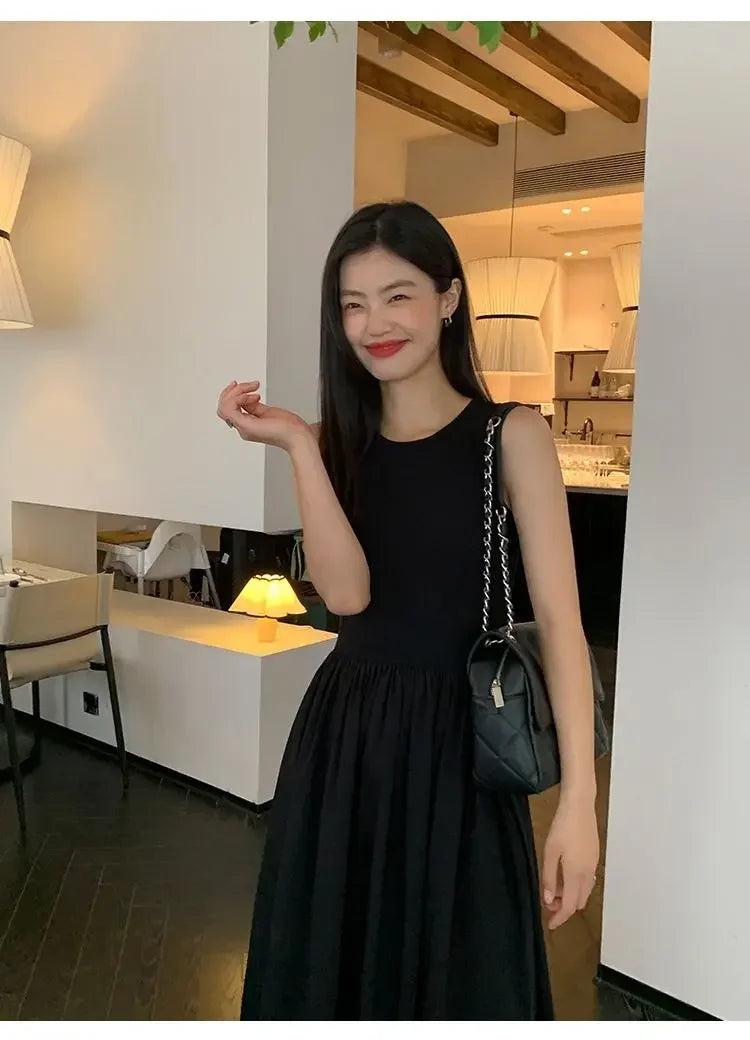 New Vintage Black Tank Top Midi Dress Wedding Dresses for Women Clothing O Neck Office Lady Casual Pockets Women's Clothing