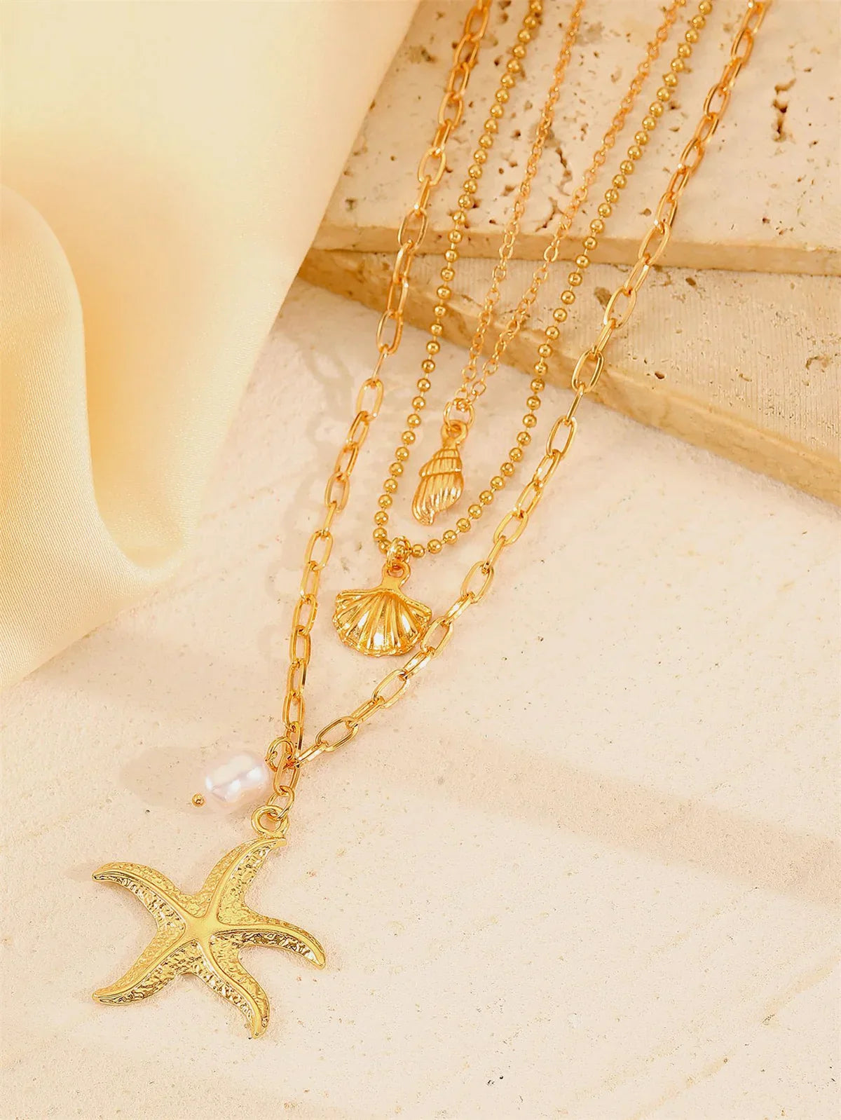Women's 316L Stainless Steel Starfish Conch Shell Pearl Pendant Necklace 3-in-1 Choker Chain Jewelry Gift