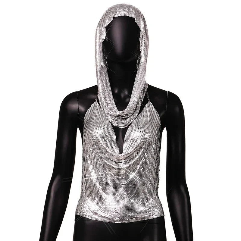 Fashion Metal Sequined Y2k Women Crop Top Tank Tops with Headscarf Metallic Sequins Sexy Backless Hollow Out Halter Corset top