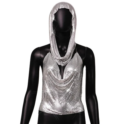 Fashion Metal Sequined Y2k Women Crop Top Tank Tops with Headscarf Metallic Sequins Sexy Backless Hollow Out Halter Corset top
