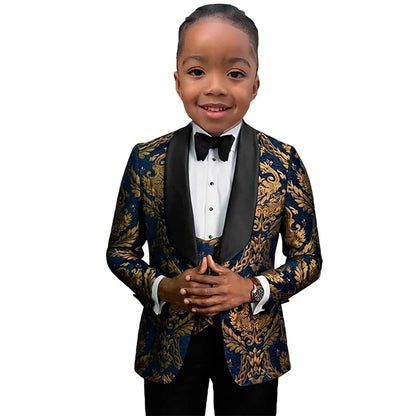 Fast Ship New Year Celebration Blue Gold Pattern Boys Suit Luxurious Ornate Boys Suit FormalKids Tuxedo Set Blazer Vest Pants