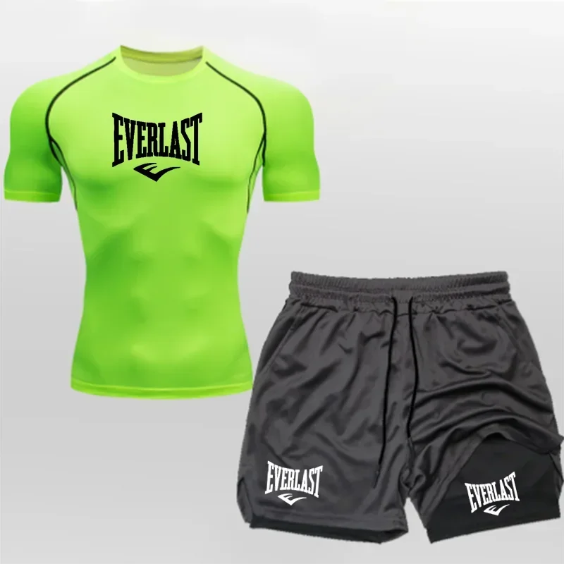 Men's Compress Shirt + 2-in-1 sports shorts 2pcs Set Leisure Breath Short Sleeve Sport Jogging Gym Brand Print Clothing