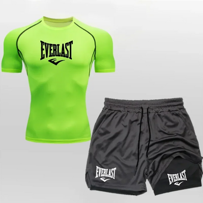 Men's Compress Shirt + 2-in-1 sports shorts 2pcs Set Leisure Breath Short Sleeve Sport Jogging Gym Brand Print Clothing