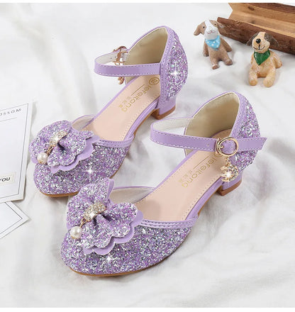 Children's Sandals for Party Wedding Elegant Bowknot Kids Girls Versatile Sequins High-heels Fashion Pearl Princess Single Shoes