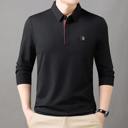 High End Brand Quality Men's Polo Shirt Autumn Exquisite Solid Color Letter Print Lapel Long Sleeve Business Classic Menswear
