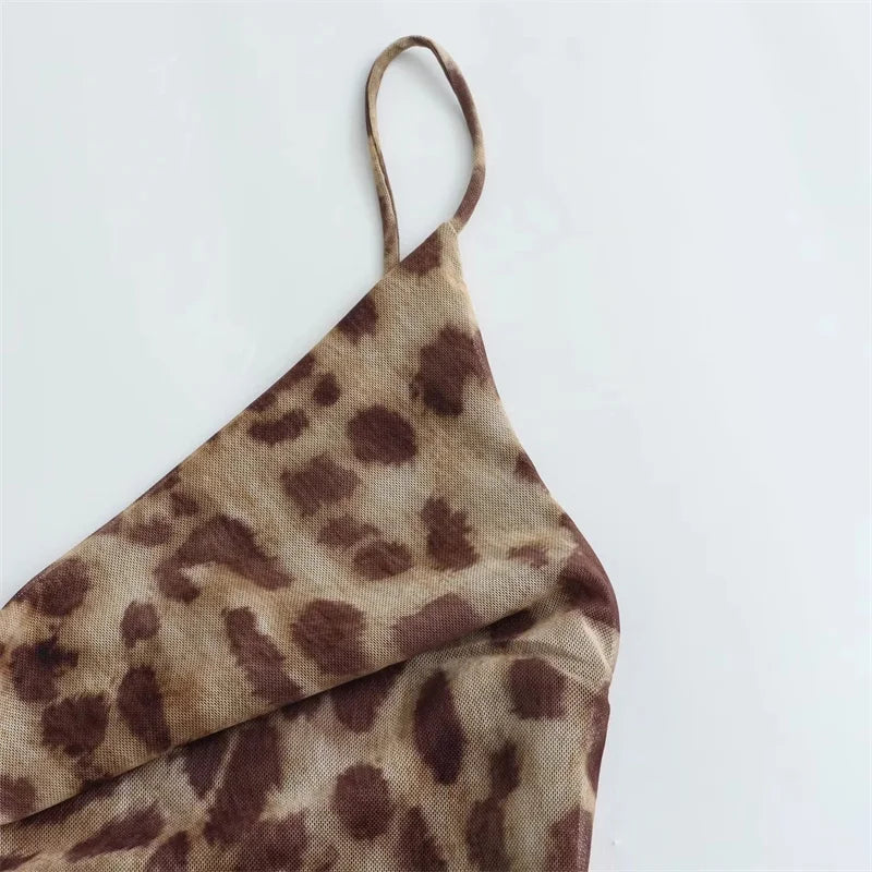 Leopard Print Tulle Slip Dress Woman Backless Summer Long Dresses For Women Vintage Sexy Party Dresses Midi Holiday Dress