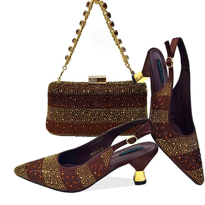 Pointed-Toe Luxury Style High Heels Sandal With Bag Set in Gold Color For Wedding Party Women