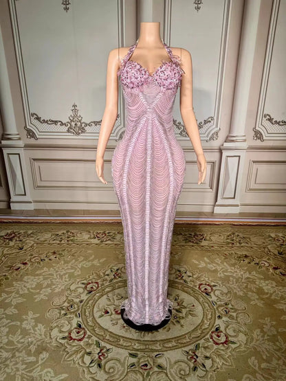 Silver Rhinestone Crystals Chains Transparent Long Dress Evening Birthday Celebrate Dress Sexy Performance plus size
