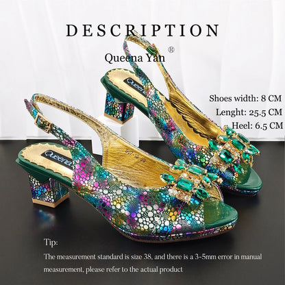 2026 New Elegant Rhinestone Peep Toe Women High Heels Sandals Italian Design with Coordinating Green Handbag Party Shoes and Bag