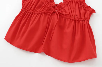 Women's Sexy Fashion Bow Tied Ruffled V-Neck Tank Top Thin Straps Backless Camisole Female Mujer