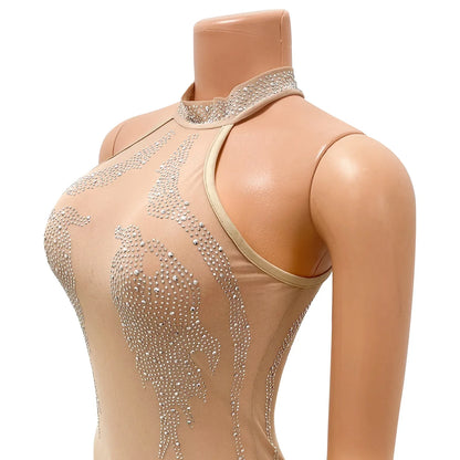 Sexy Mesh Rhinestone Short Prom Evening Mini Dress See Through Outfits Luxury For Women Night Club Party Diamond Bodycon Dresses