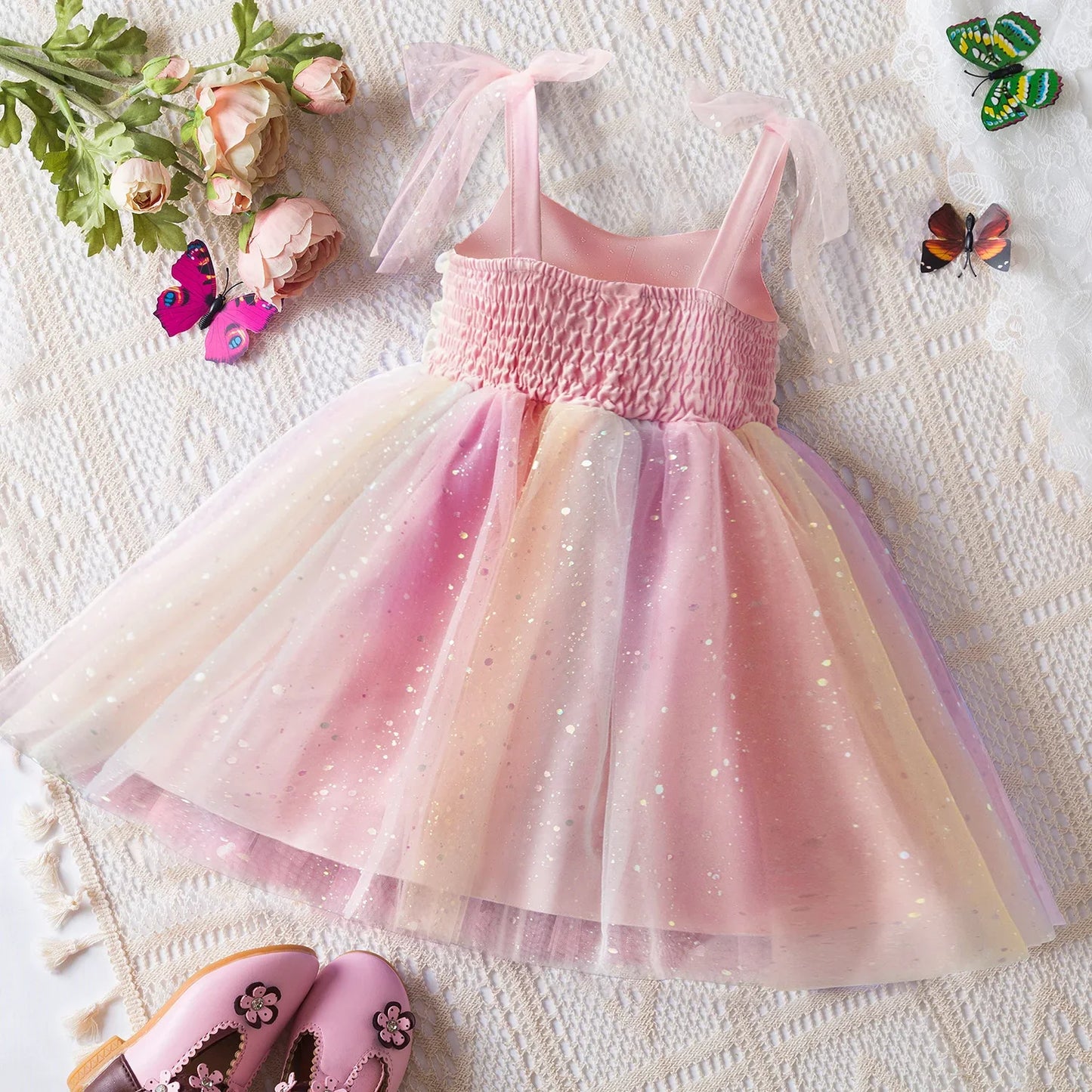1-5 Years Old Summer Kids Dresses Sleeveless Sequined Sweet Princess Girls Dress Costume Mesh Puffy Rainbow Children's Clothing
