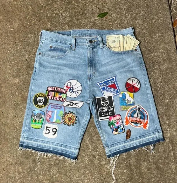 Shorts Letter Cartoon Patchwork Loose Jeans Wide Leg Pants Harajuku Rock Pants Men